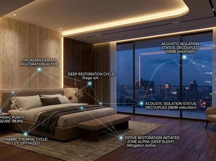 A beautifully illuminated, warm minimalist master suite featuring fluted travertine stone walls, a low-profile canopy bed with smart biometric panels, and custom accent lighting at dusk.