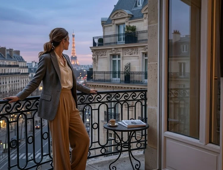 Nicole Kidman modeling a tailored gray blazer and camel wide-leg pants on a luxury balcony at The Peninsula Paris hotel.