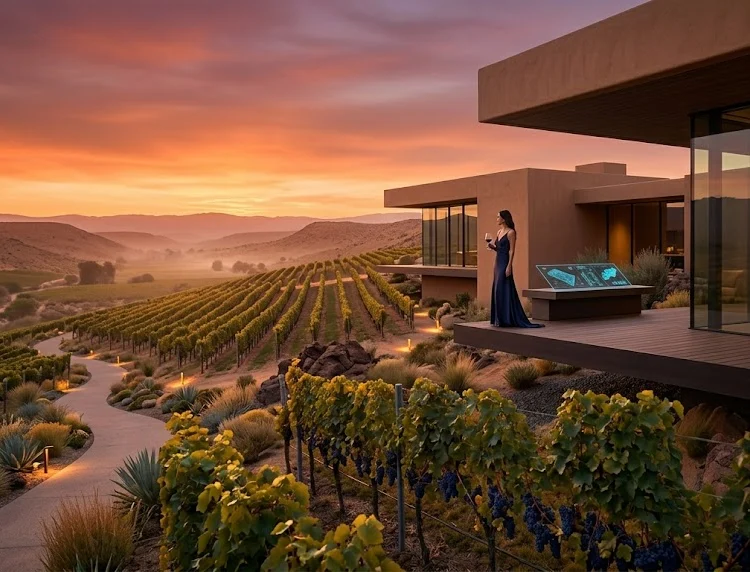 Labeled as: Sophisticated modern geometric vineyard retreat at dawn with a view of precision-planted rows.