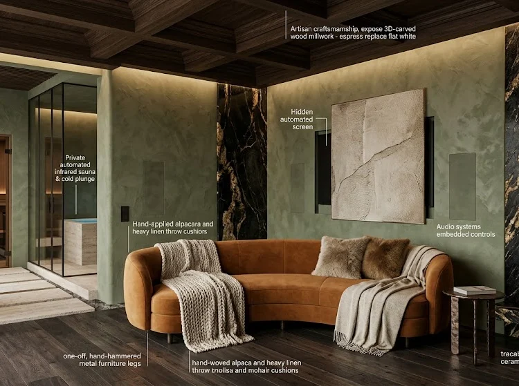 A luxurious, warm minimalist living room featuring an earthy green plaster wall, a cognac amber velvet sofa, and invisible built-in lighting panels.