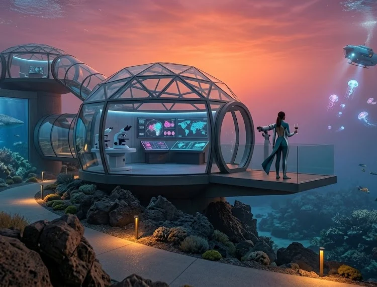 Ultra-luxury modern underwater research station and private retreat integrated into a coral reef.