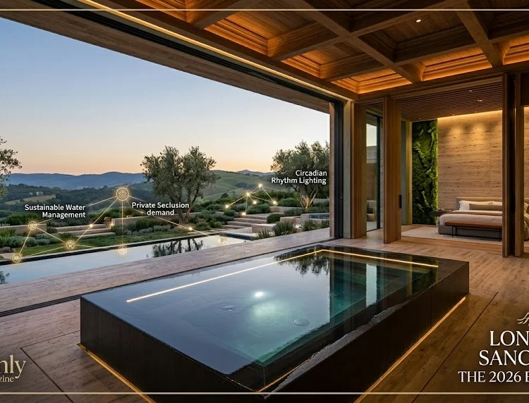 A spectacular modern master bedroom showing built-in warm wood accents, a moss wall feature, and seamless glass overlooking a private meditation garden at dawn.