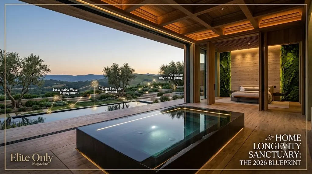 A spectacular modern master bedroom showing built-in warm wood accents, a moss wall feature, and seamless glass overlooking a private meditation garden at dawn.