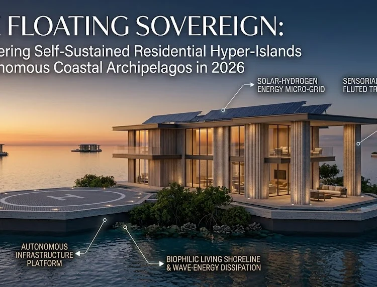 A magnificent architectural photograph of a modern, self-sustained luxury island estate at sunset, featuring fluted travertine stone columns, an open-air pavilion, and a pristine living shoreline looking out onto a calm ocean horizon.