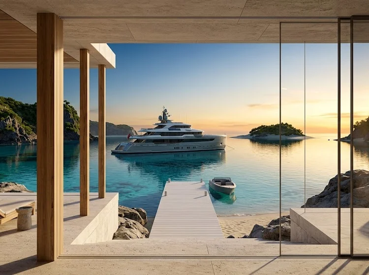 A spectacular wide-angle view of a sleek, minimalist luxury expedition yacht anchored in a pristine, crystal-clear remote tropical bay at sunset, framed by a light-toned raw wood coastal pavilion in the foreground.