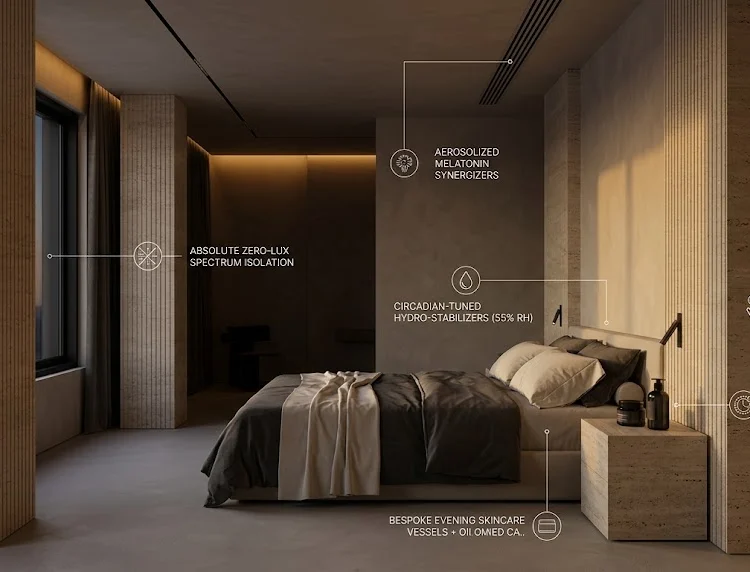 An exceptional interior photograph of a modern luxury sleep sanctuary featuring backlit fluted travertine walls, a minimalist low-profile platform bed, and soft ambient illumination fading slowly into absolute darkness.