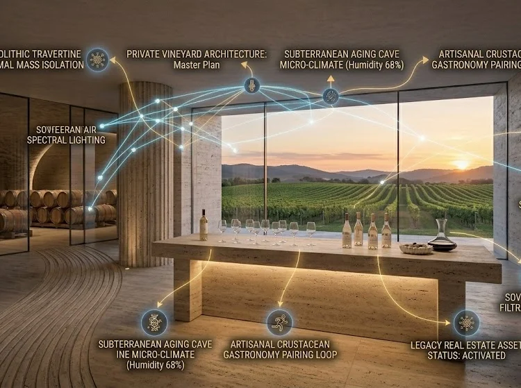 An exceptional view of a modern minimalist vineyard tasting room featuring fluted travertine walls, a central stone tasting bar, and expansive glass walls overlooking rolling vine-covered hills.