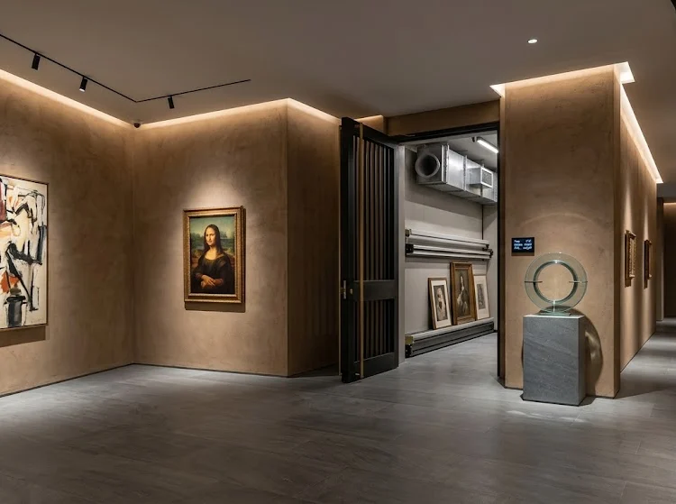 An exceptional interior view of a contemporary home art gallery featuring textured matte clay walls, a large abstract canvas under precision spot lighting, and a honed stone floor reflecting soft ambient light.