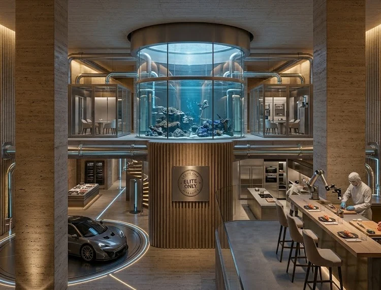 An exceptional interior view of a contemporary home estate marine vault featuring custom glass crustacean cultivation tanks, fluted travertine stone columns, and a minimalist marble raw bar illuminated by soft, warm ambient lighting.