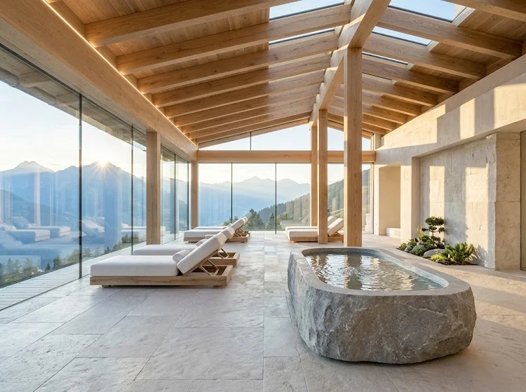 A beautifully bright, minimalist luxury wellness sanctuary featuring pale stone floors, open-grain white oak pillars, and floor-to-ceiling glass windows overlooking a serene natural mountain landscape at sunrise.