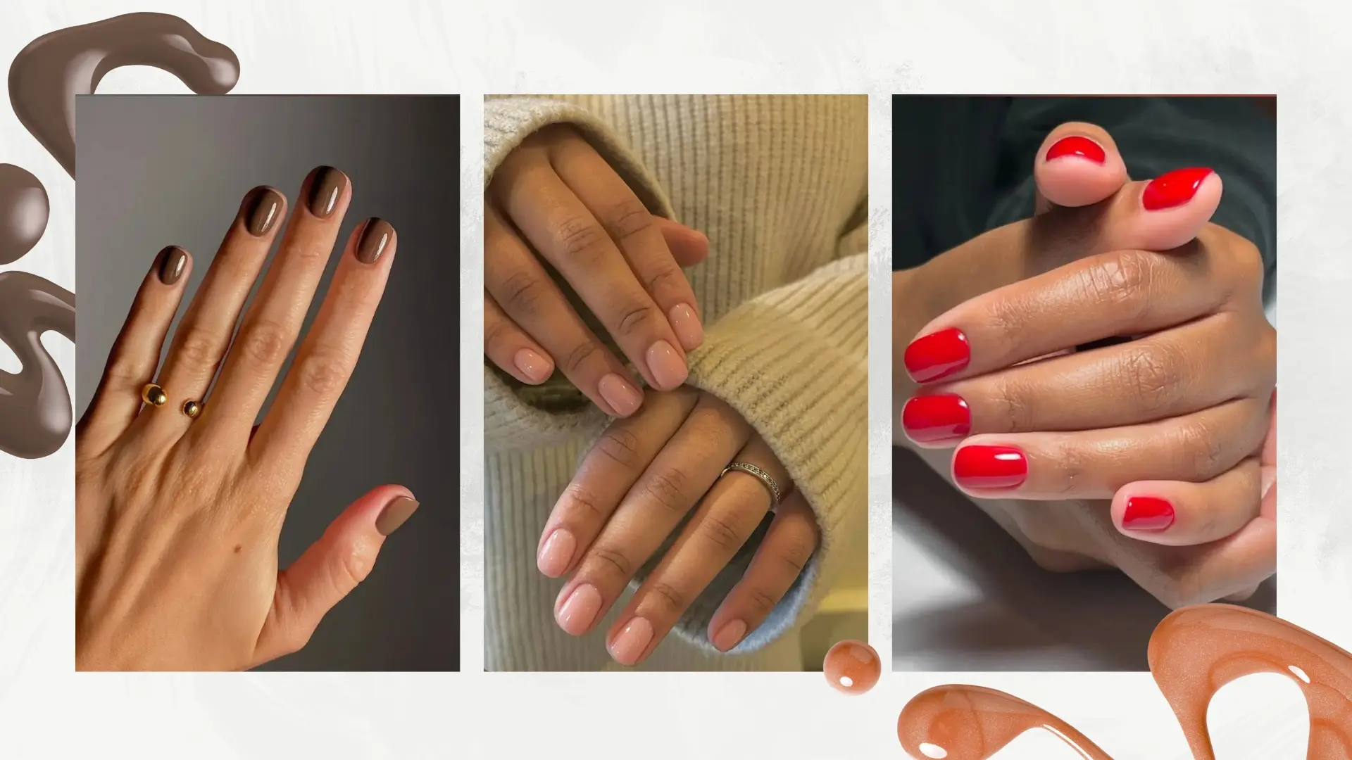 A close-up of a short, rounded manicure featuring sheer, glossy coconut water nude nail polish.